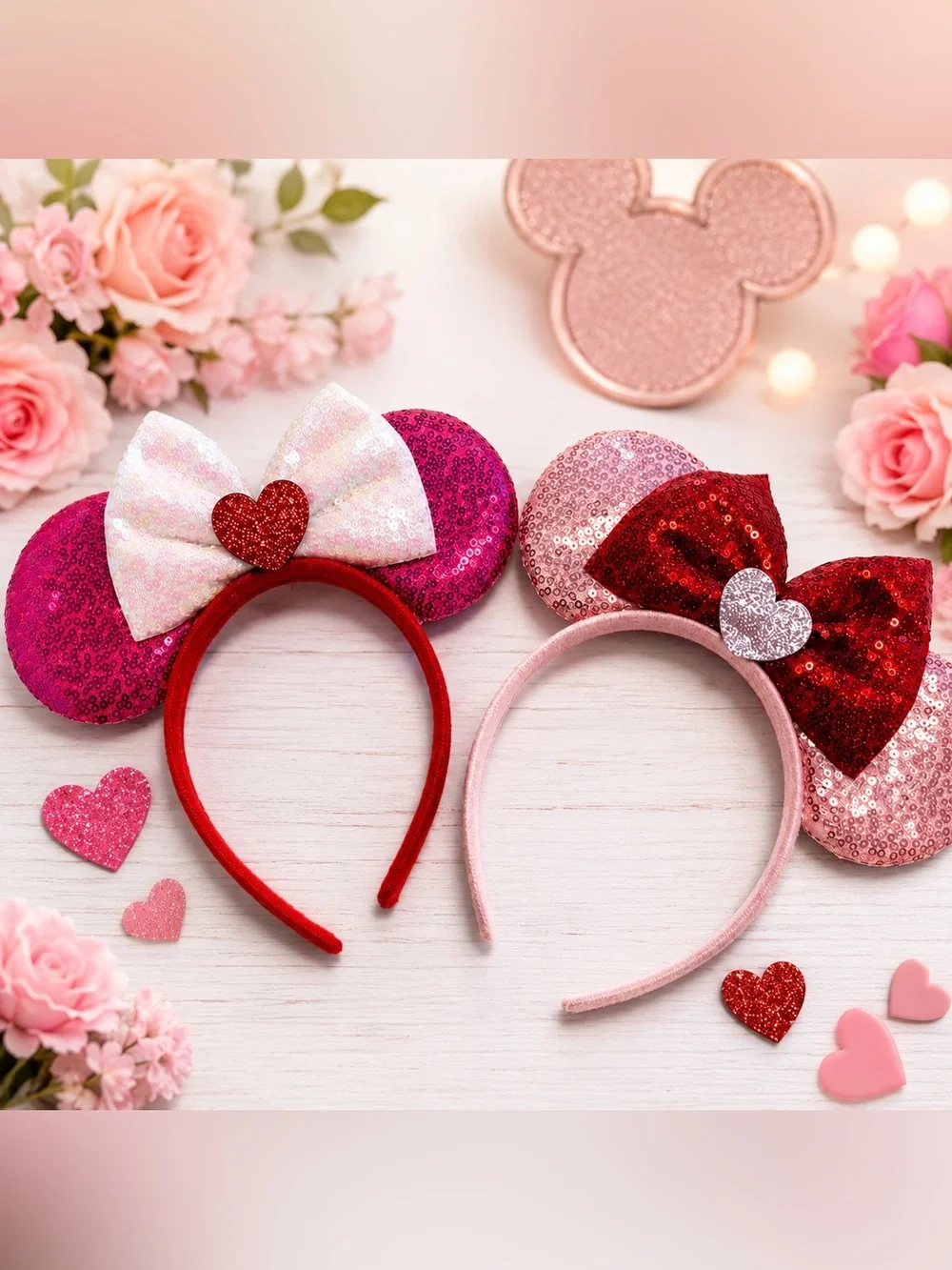 Minnie Mouse Ears Headbands | Pink & Red Sequin | Set of 2